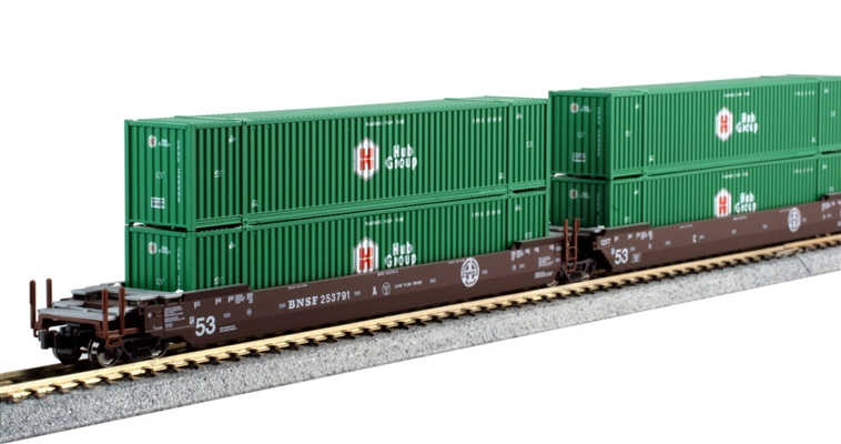 KATO N Gunderson MAXI-IV BNSF "Original Logo" Well Car Set w/ HUB  Intermodal Ribbed Magnetic 53' Containers