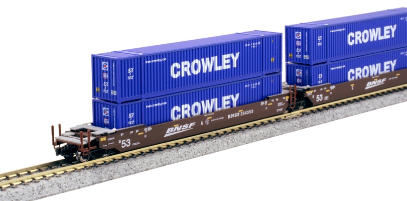 KATO N Gunderson MAXI-IV BNSF "Swoosh" Well Car Set w/ Crowley Logistics Intermodal Ribbed Magnetic 53' Containers