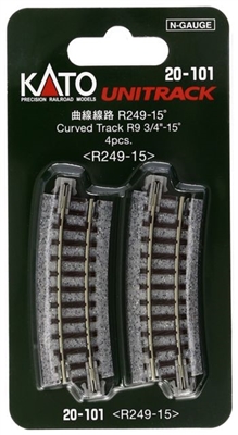 Kato N Scale Unitrack 20101 | 249mm (9 3/4") Radius 15Âº Curve Track [4 pcs]